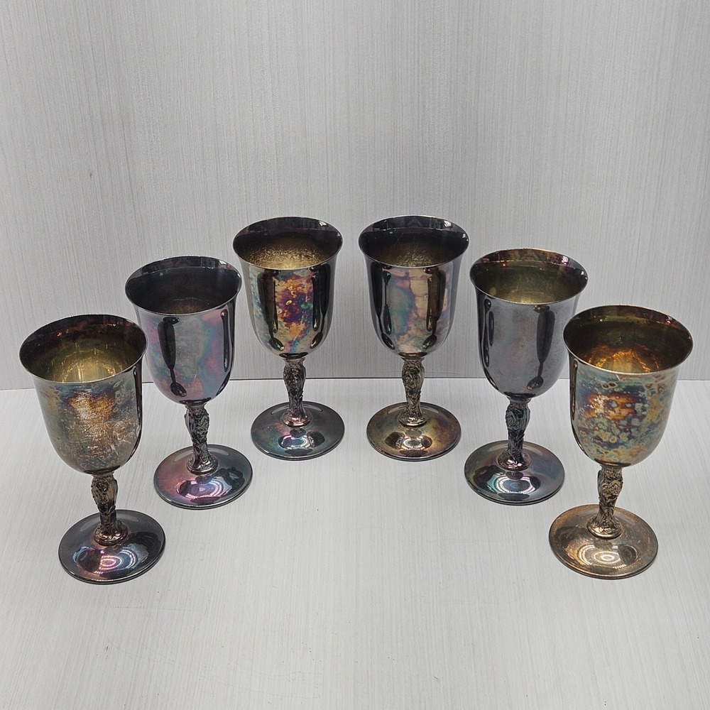 Wm Rogers 395 Silver Plated Wine Goblets Set of 6 Floral Stem Rainbow‎ Patina